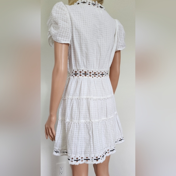 RAHI WHITE BLACK EMBROIDERED CAP PUFF SLEEVES SHORT MINI COTTON DRESS MEDIUM - Picture 15 of 15